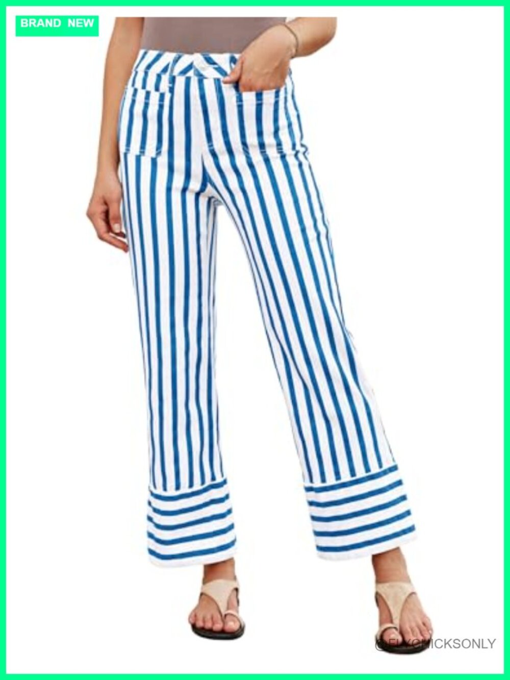 High Waisted Wide Leg Striped Jeans Stretchy Patch Pockets Casual Denim Pants